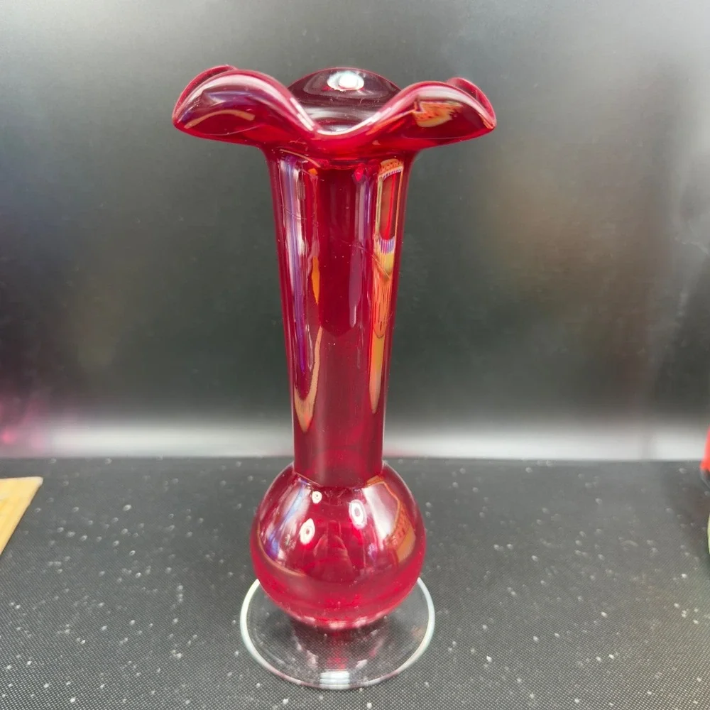 Vintage Ruby Red Crackle Art Glass Bud Vase Ruffled‎ Rim Clear Base 1990s Vase